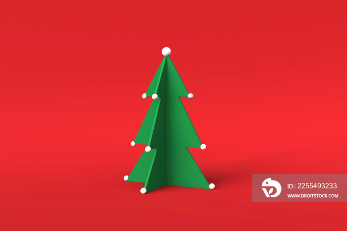 Lowpoly Christmas tree on red background. 3d render