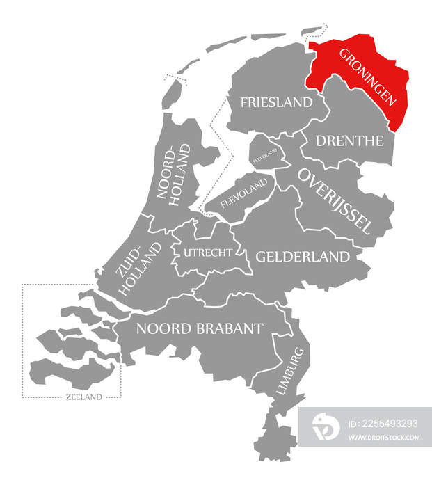 Groningen red highlighted in map of Netherlands