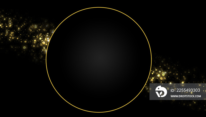 Abstract Golden circular frame with sparkling light on a modern black background. golden light circle lines effect. 3D rendering