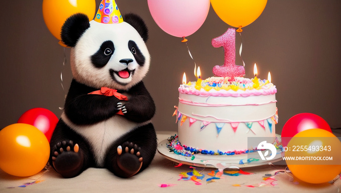 smiling panda with birthday cake and holiday decorations, birthday card, wallpaper, background, screensaver