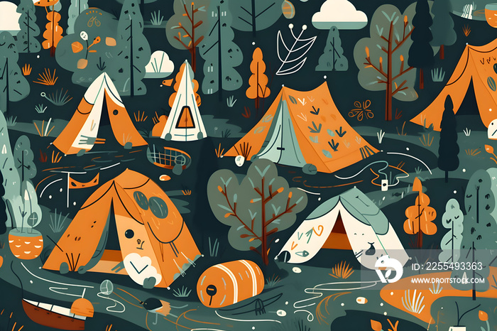 seamless pattern with kids pattern, camping theme, tent, campfire, trees, 2d illustration, modern