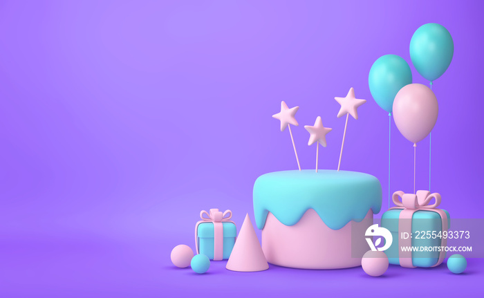 Pastel pink and green cake, balloons, gift boxes on purple background. 3D rendering