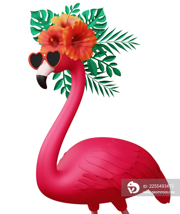 Flamingo with flower and leaves, summer season, 3d rendering