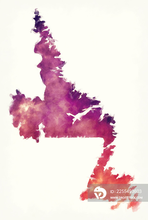 Newfoundland and Labrador Province watercolor map of Canada in front of a white background