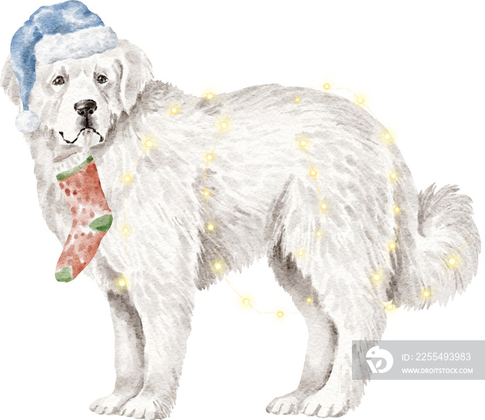 Great pyrenees dog in santa hat