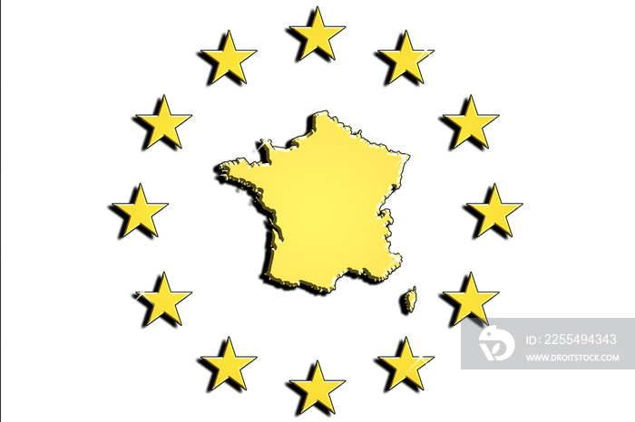 france, the silhouette of france in gold with light reflections, logo and symbol of france. The nation at the heart of the European community.