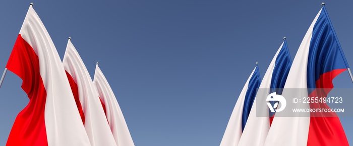 Flags of Poland and the Czech Republic on flagpole on the sides. Six flags on a blue background. Place for text. Polish, Warsaw. Czech, Prague. 3D illustration.