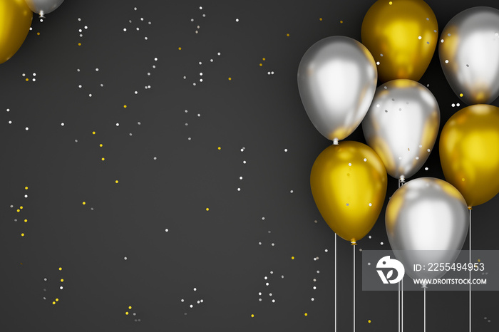 balloons of silver and gold color, on a black background.3D ilustration.