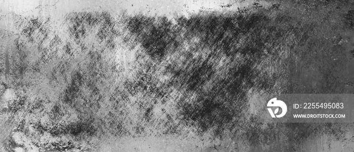 Black monochrome vignette with random black noise in grey watercolor shadows. Dark grunge noise stipple dots wave. Halloween grain effect. Black lines grunge swoosh smudge shape