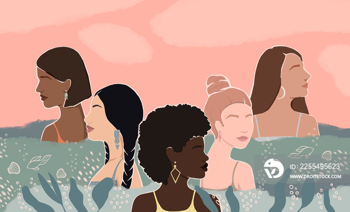 diverse multi-ethnic women together in the waves of the sea at sunset. fantasy abstraction flat illustration. for poster, postcard, banner, magazine cover.