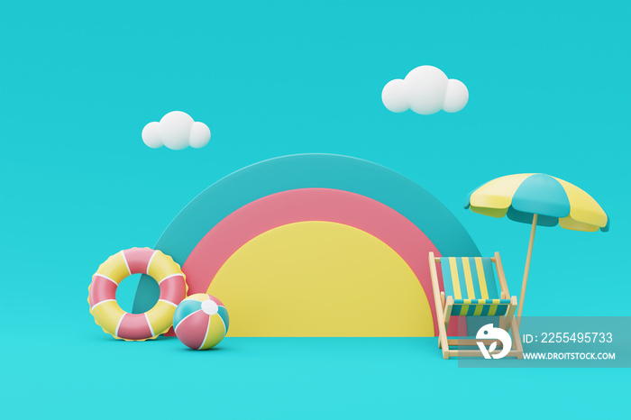 3d rendering of Summer vacation concept,colorfull podium display with summer elements,clouds and rainbow ,minimal style.3d render.