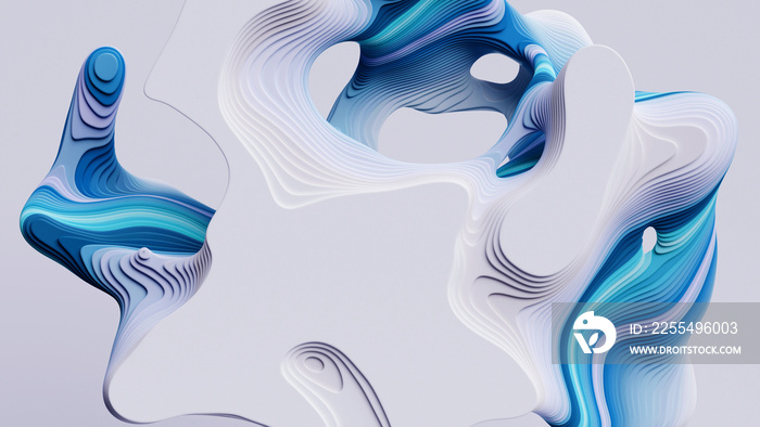 3d render, abstract modern white blue background with flat curvy shapes and wavy lines, marbling effect