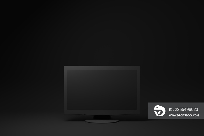 Black computer monitor floating on black background. minimal concept idea. 3d render.