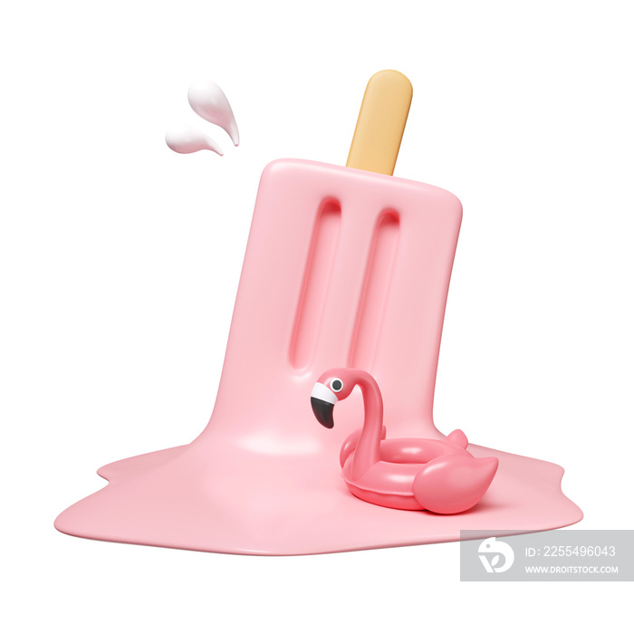 3d popsicle melt with Pink Flamingo float for summer vacation and holidays concept. icon isolated on white background. 3d rendering illustration. Clipping path.