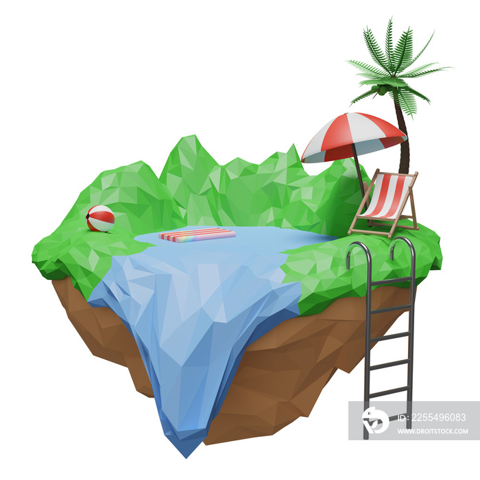 Summer sale banner with floating island,  beach chair, ball, umbrella, coconut tree isolated. summer travel concept, 3d illustration or 3d render