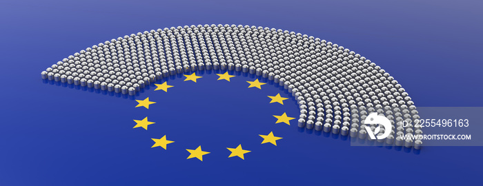 European Union parliament seats and yellow stars circle on blue background. 3d illustration