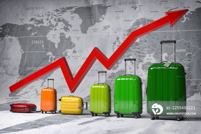 Growth travel and tourism industry. Graph and diagram from suitcases on the map of world.