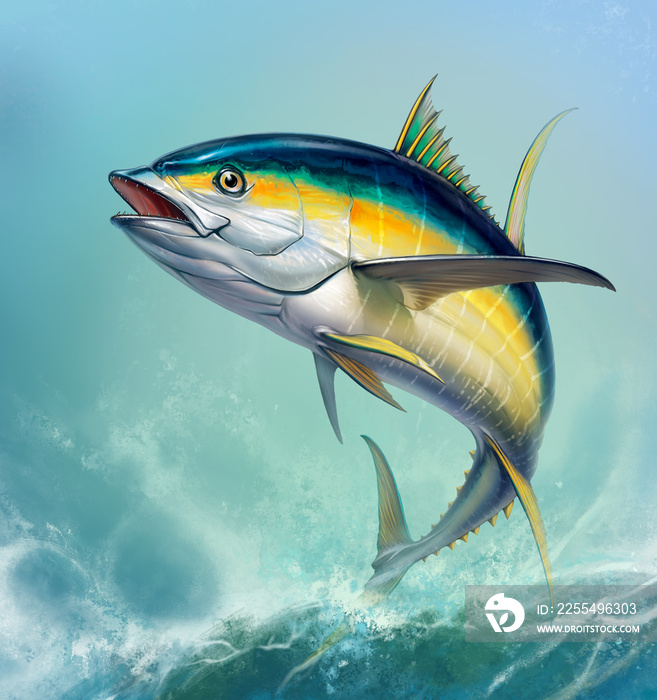 Yellow tuna. black fin yellow tuna on white. Big fish on the background of large waves.