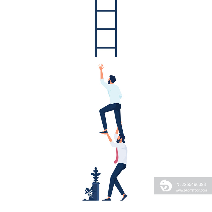 Businessman coworker support his colleague reaching to climb ladder of success, teamwork collaboration or partnership help to reach target