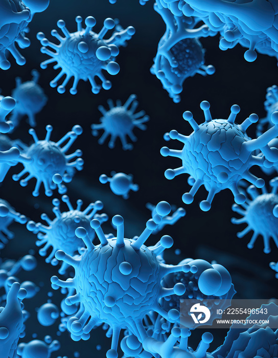 Background with viruses, microscopic view of floating virus cells.