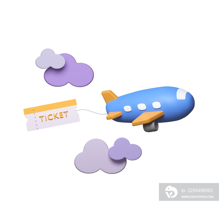 3D Ticket for flight airplane payment by credit card. 3d travel booking and service. 3d render illustration