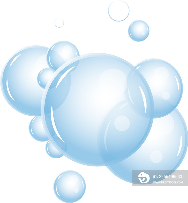 Realistic fizzing flow of air underwater bubbles in water, soda, sea. Foam bubbles.