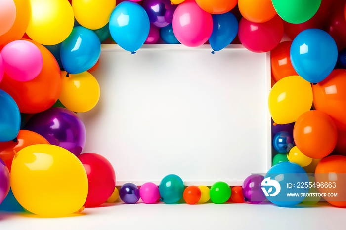 Frame of colorful balloons for party with blank white copy space for text.