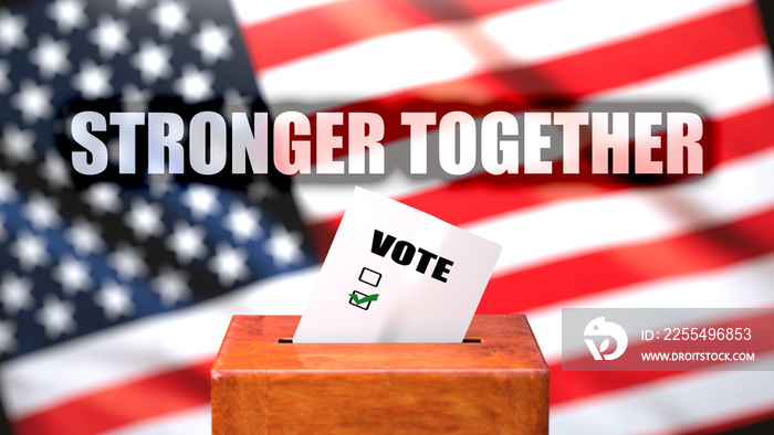 Stronger together and voting in the USA, pictured as ballot box with the American flag and a phrase Stronger together to symbolize that Stronger together is related to the elections, 3d illustration