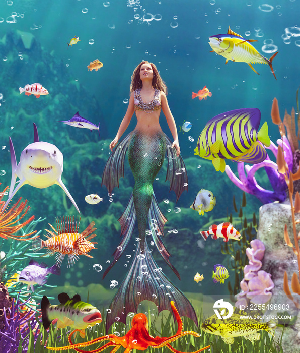 3d Fantasy mermaid in mythical sea,Fantasy fairy tale of a sea nymph,3d illustration for book cover or book illustration