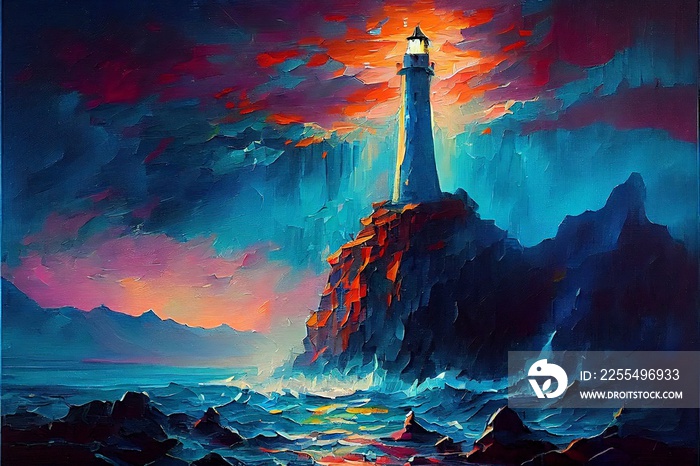 Digital painting of a lighthouse on top of a cliff with large waves.