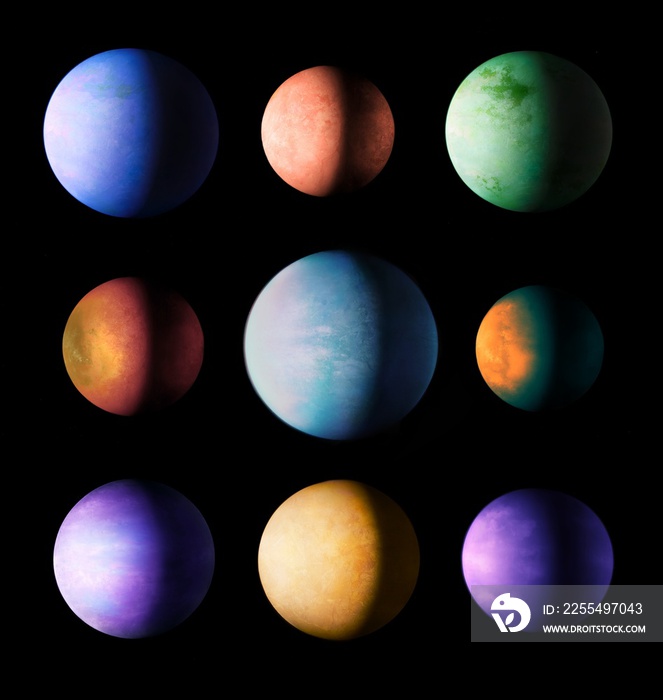 Comparison of exoplanets on a black background. Planets of different sizes and colors. Composite image of extrasolar objects.