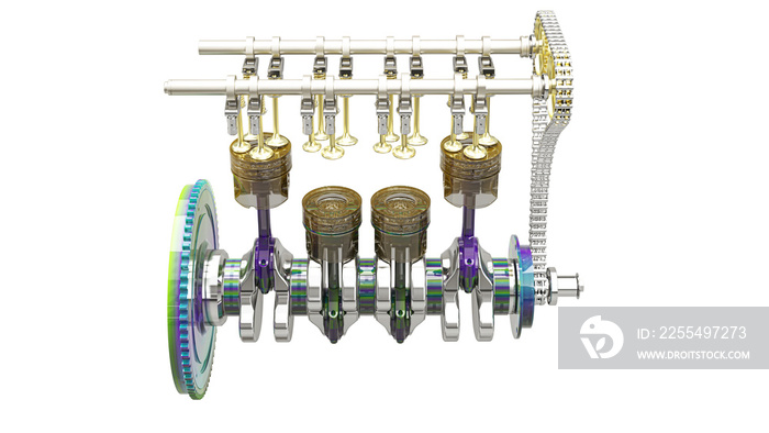 Isolated illustration of a car engine with exposed connecting rods and pistons, 3d rendering, 3d illustration