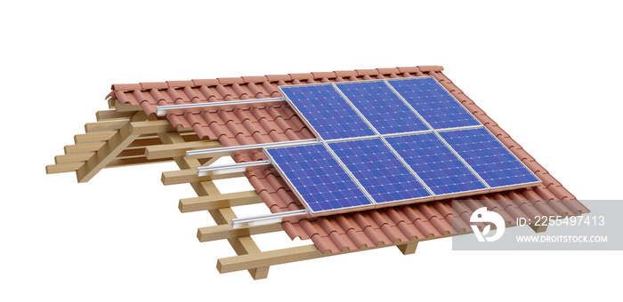 Solar panels on the roof in realistic 3d render