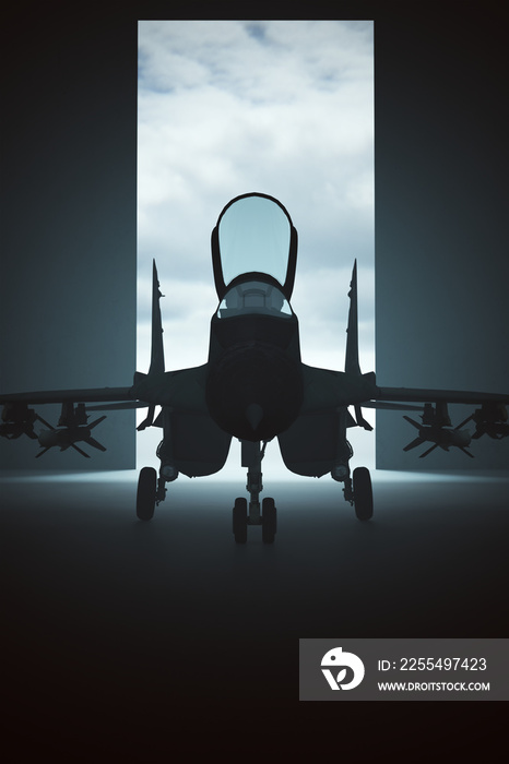 Tactical Jet Aircraft in a Dark Hanger 3d illustration 3d render