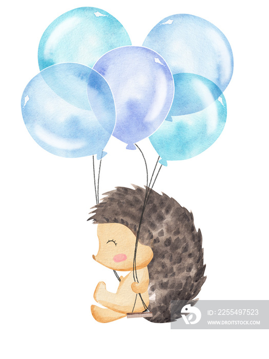 Cute hedgehog swings with balloons. Hand drawn watercolor illustration