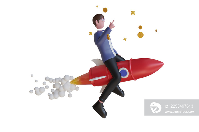 Businessman Flying with a Rocket to Successful. Businessman flying on rocket in business concept. Concept of business startup, launching of a new company. 3D illustration