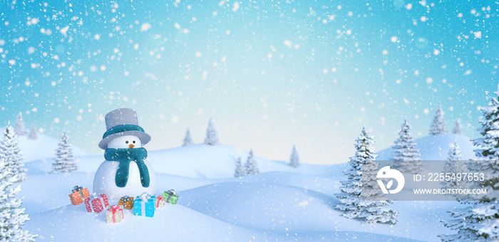 Snowman and gifts outdoors falling snow winter Holidays 3d render 3d illustration