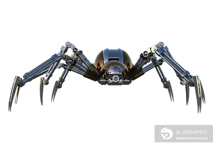 Mechanical spider Artificial intelligence. High resolution image isolated on white background. 3D rendering, 3D illustration.