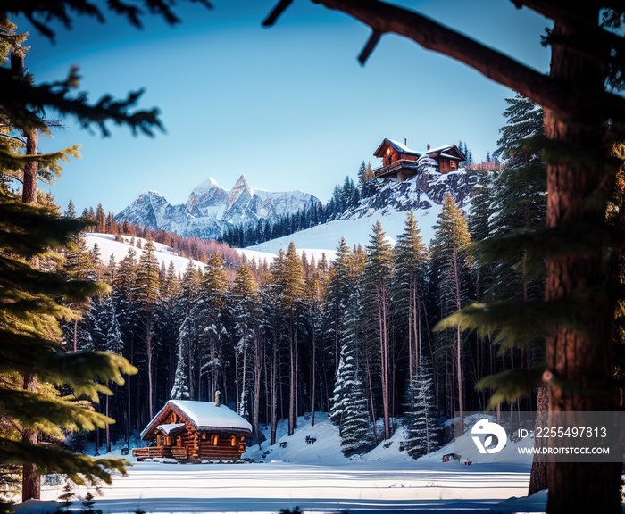 wooden house with beautiful winter landscape with snow covered trees