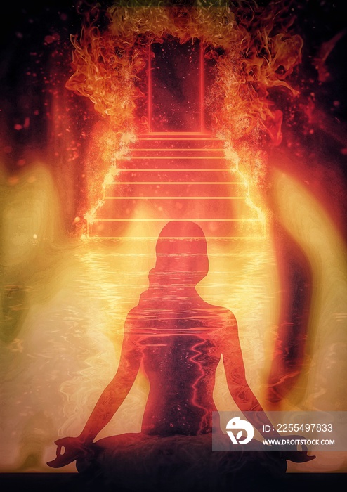 3D illustration of a woman meditating in front of a burning staircase and a door