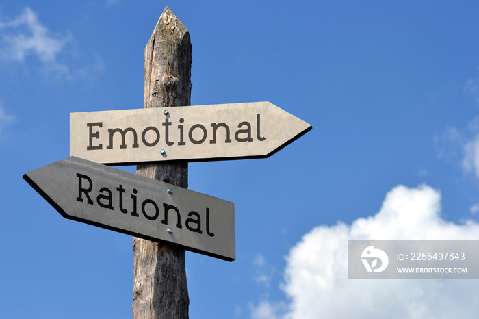 Emotional or rational - wooden signpost with two arrows, sky with clouds