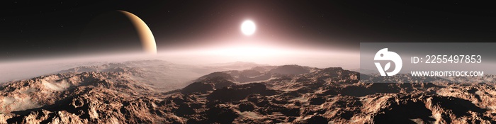 Panorama of an alien landscape. Sunset on Mars. Alien sunset. 3d rendering.