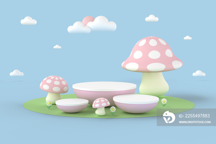 Pastel-colored product display podium with mushrooms on sunny day for baby and kid. 3D rendering isolated with clipping path.