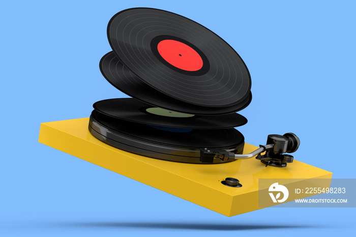 Vinyl record player or DJ turntable with flying vinyl plate on blue background.