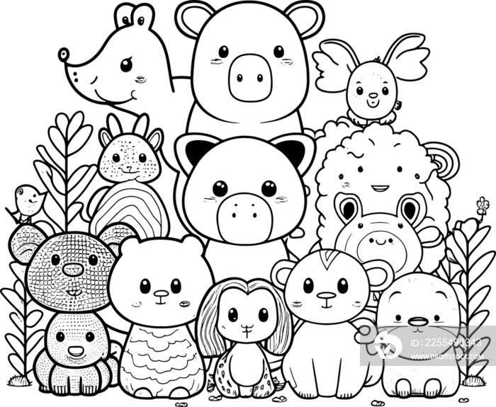 black and white coloring page for kids, line art, simple cartoon style, happy cute and funny animal , illustration for coloring book , PNG, Transparency