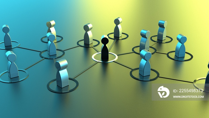 Chain of silver human figurines connected by black lines under blue-yellow lighting. Cooperation and interaction between people and employees. Dissemination of information in society, rumors. 3D CG.