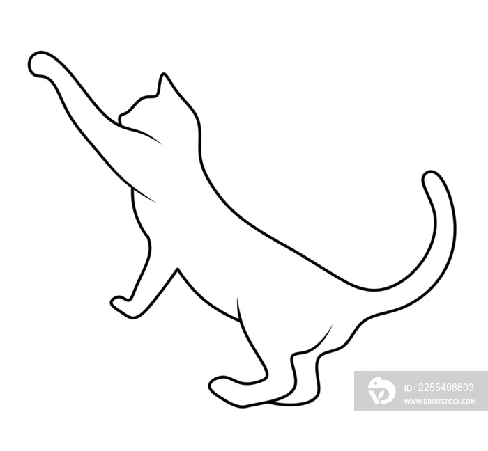 The outline of the cat raised its paw. Minimalistic cat logo. Pet silhouette.