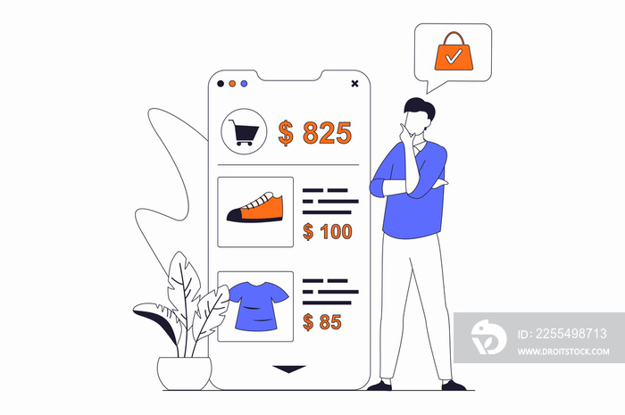 Online shopping concept with people scene in flat outline design. Man chooses goods on store website and makes order in mobile application. Illustration with line character situation for web