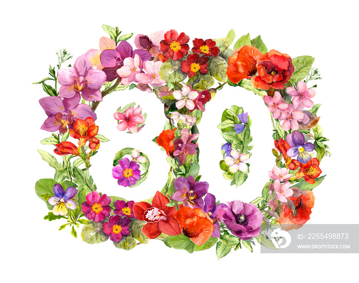 Floral number 80 eighty from wild flowers and meadow grass. Watercolor for anniversary card