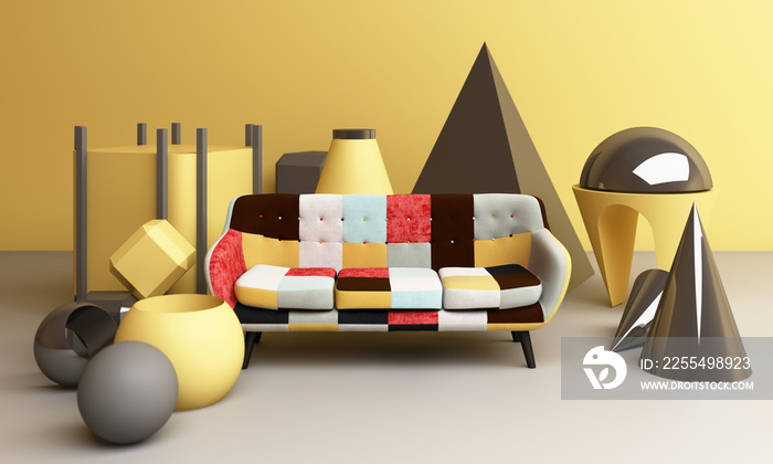 yellow and gray geometric shape with sofa 3d rendering